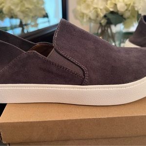 NEW IN BOX.  STEVE MADDEN FAYNE GREY SUEDE SLIP ONS.  SIZE 8.